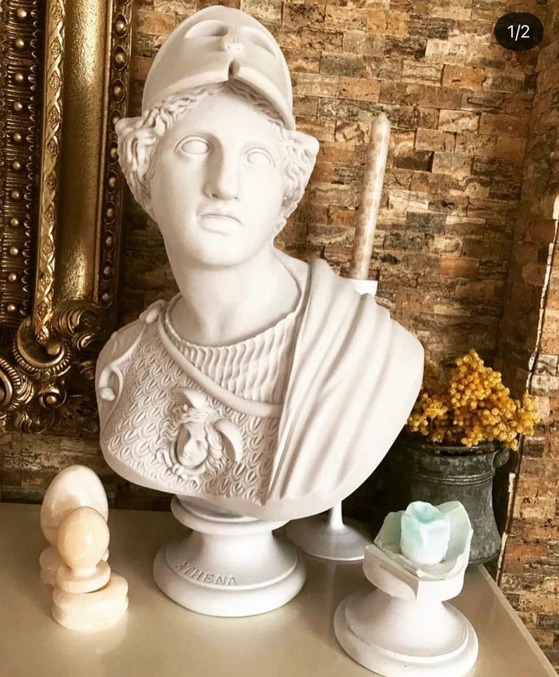 Majestic Athena: Large Bust Sculpture in White Marble