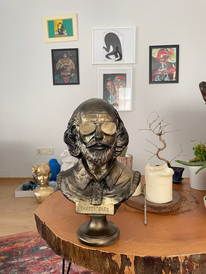 Regal Reverie: Large Shakespeare Bust Statue in Black and Gold