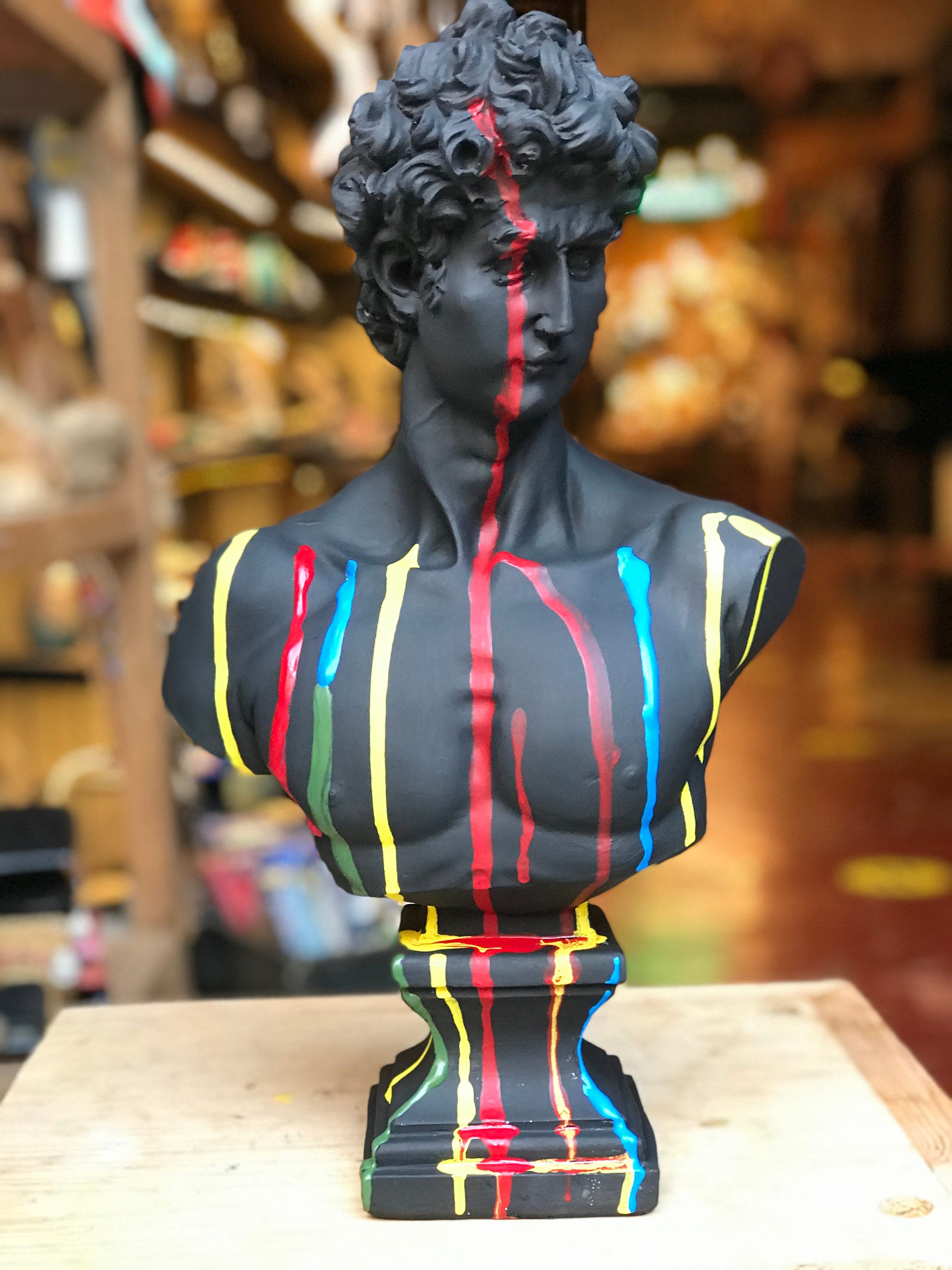 Contemporary Contrast: Large David Bust Sculpture with Colorful Strips