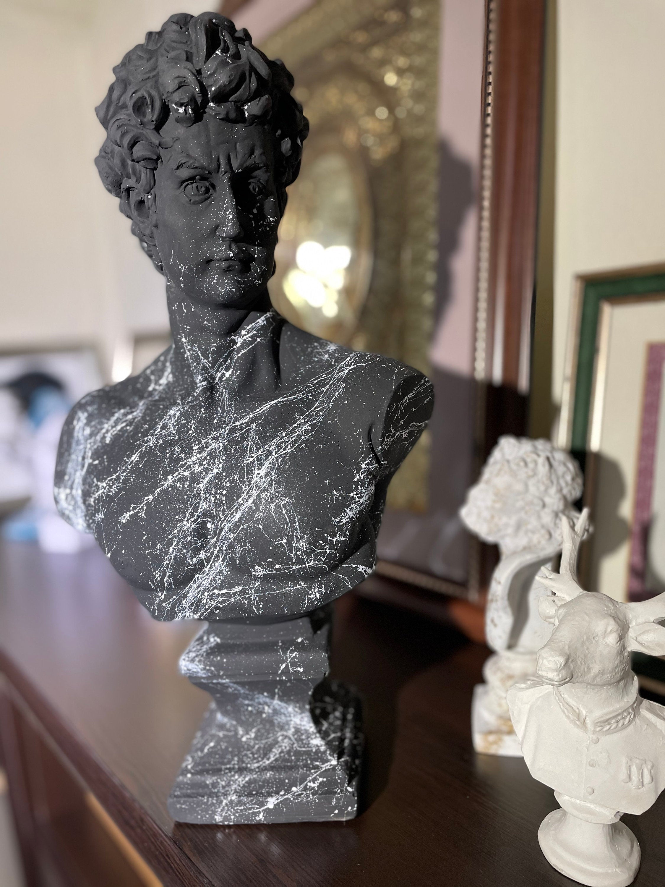 Classic Contrast: Large David Bust Sculpture in Black and White Marble