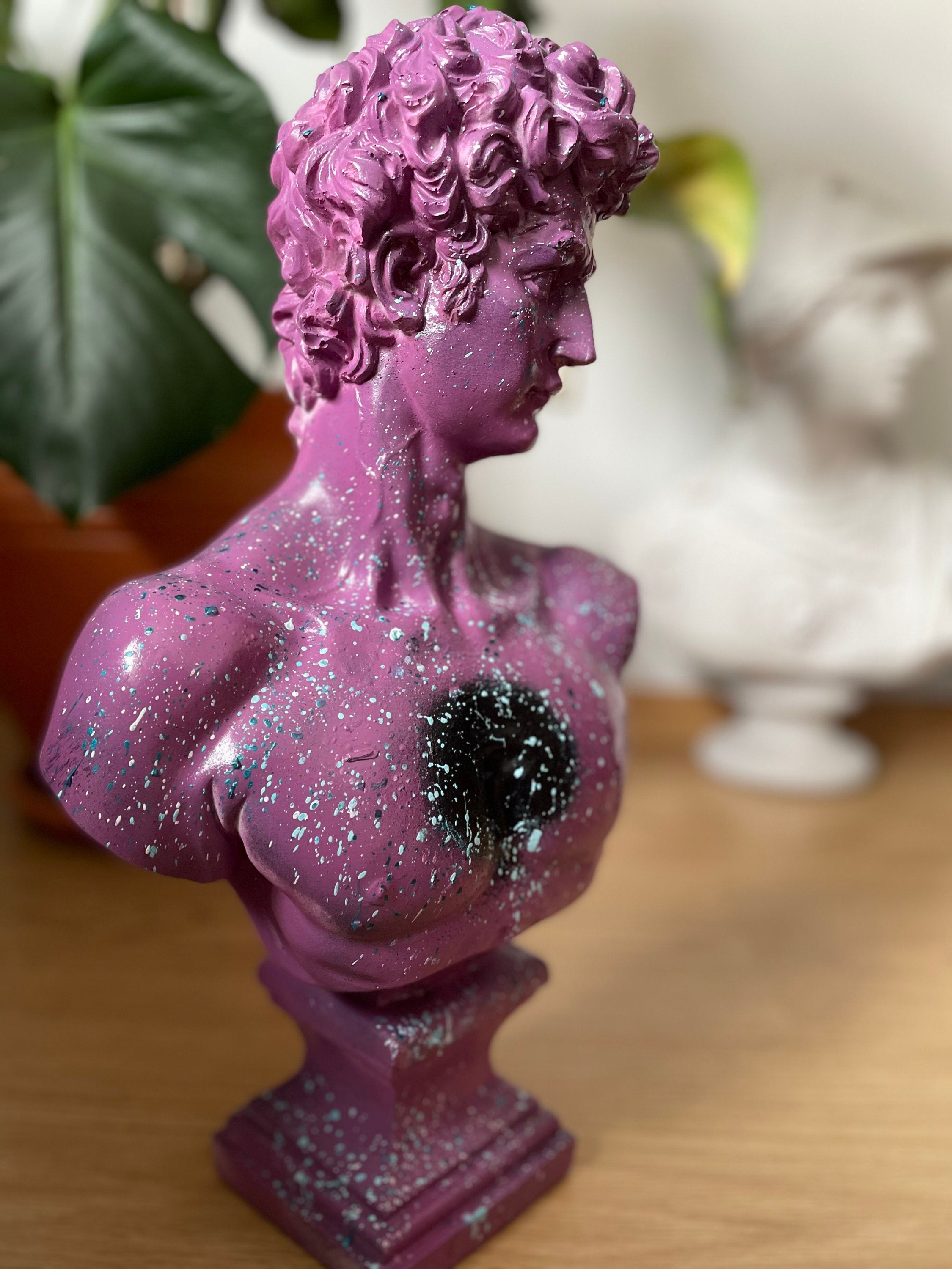 Cosmic Elegance: Large David Bust Sculpture with Purple Cosmos Design
