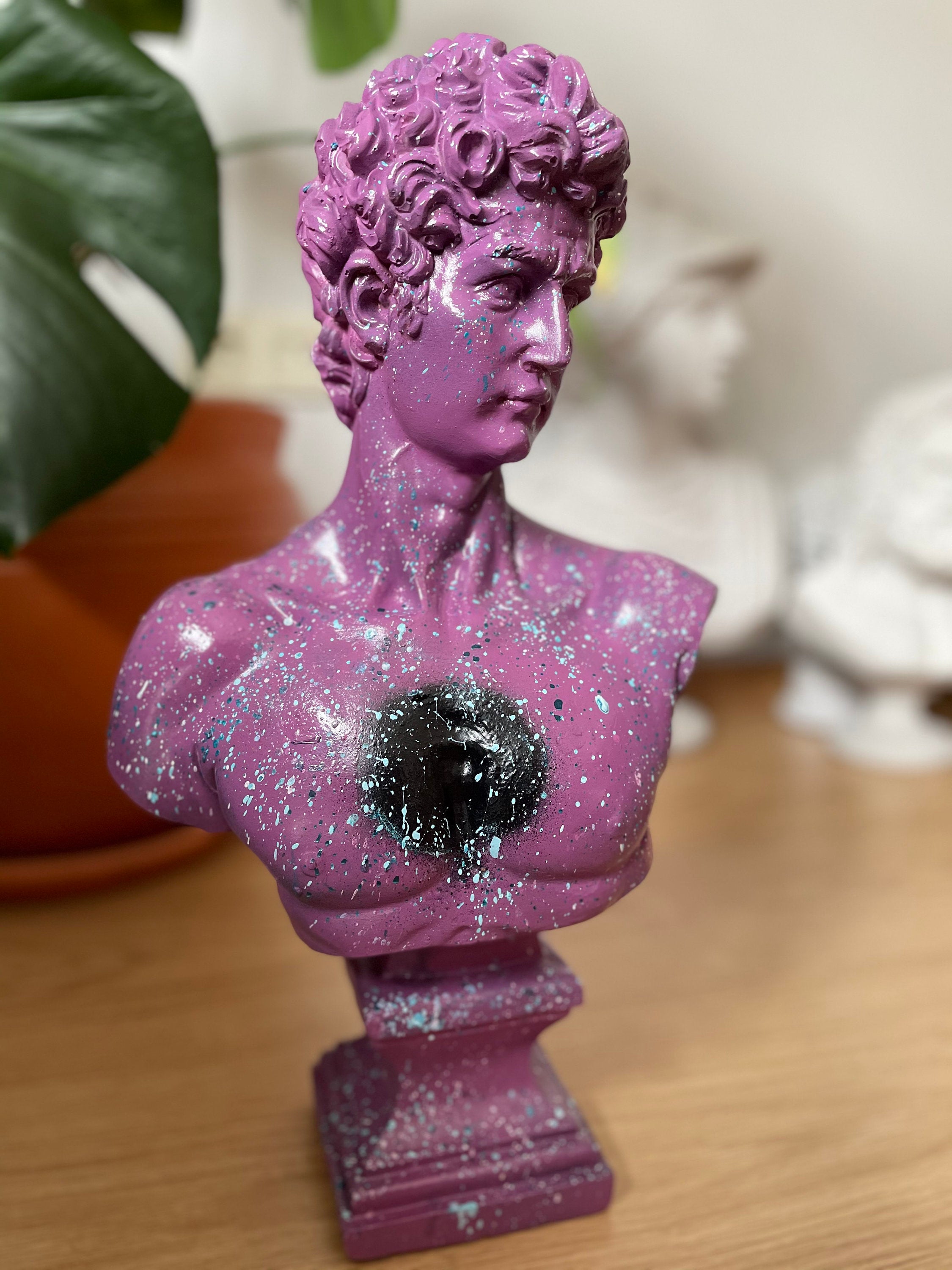 Cosmic Elegance: Large David Bust Sculpture with Purple Cosmos Design