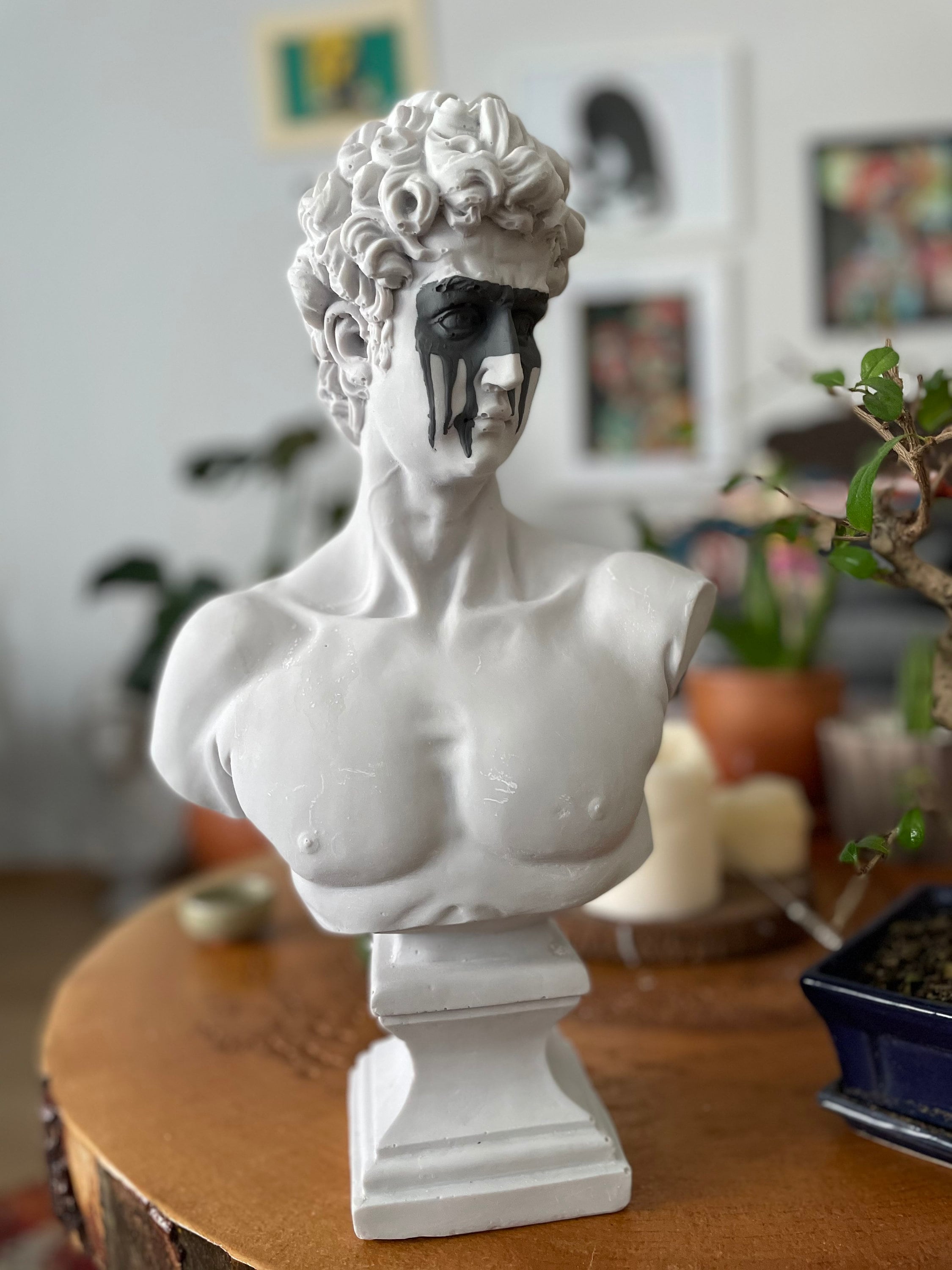 Timeless Serenity: Large David Bust Sculpture with Grey Mask