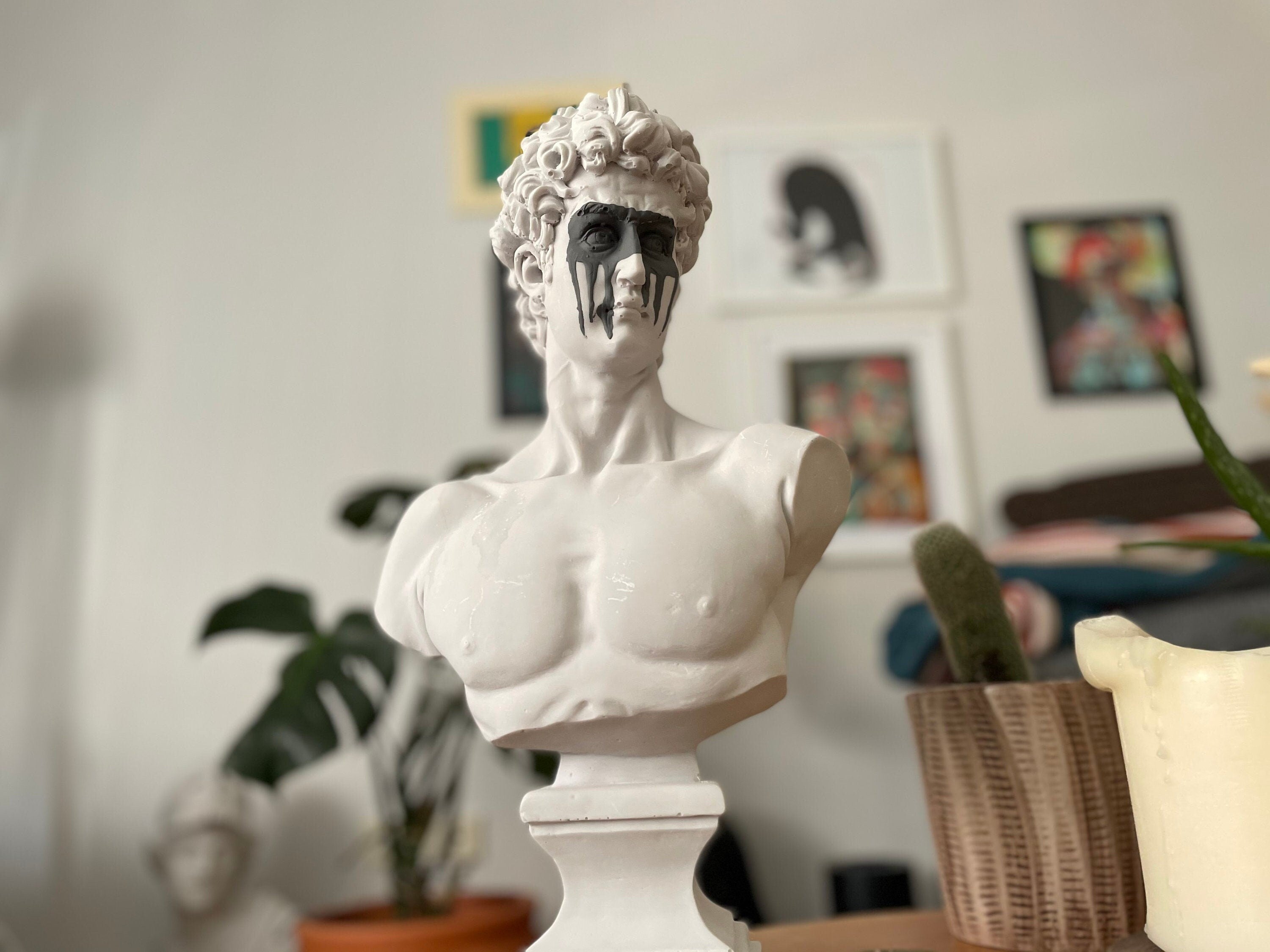 Timeless Serenity: Large David Bust Sculpture with Grey Mask