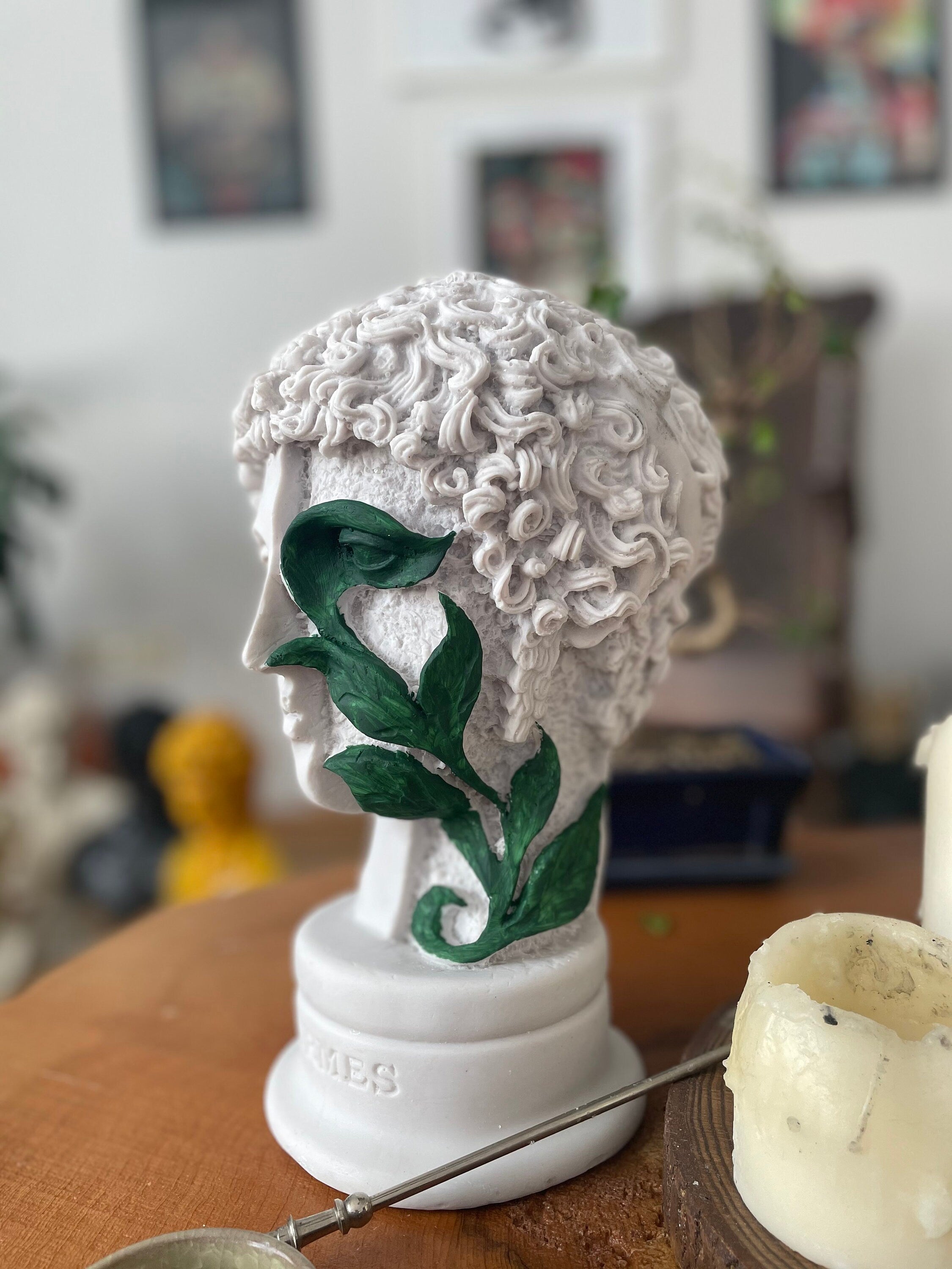 Eternal Elegance: Large Hermes Bust Sculpture with Green Ivy Design