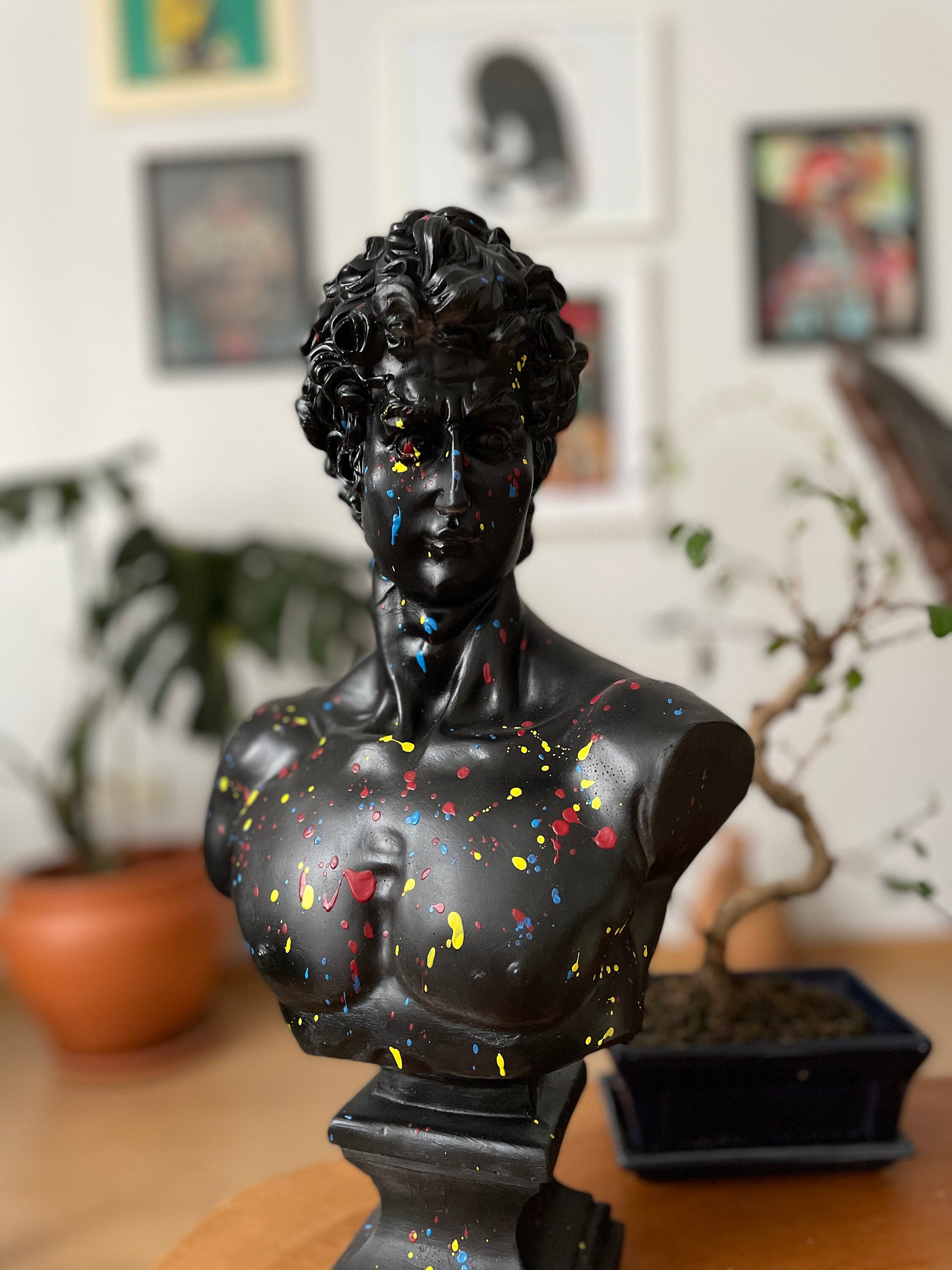 Dynamic Contrasts: Large David Bust Sculpture with Colorful Strips