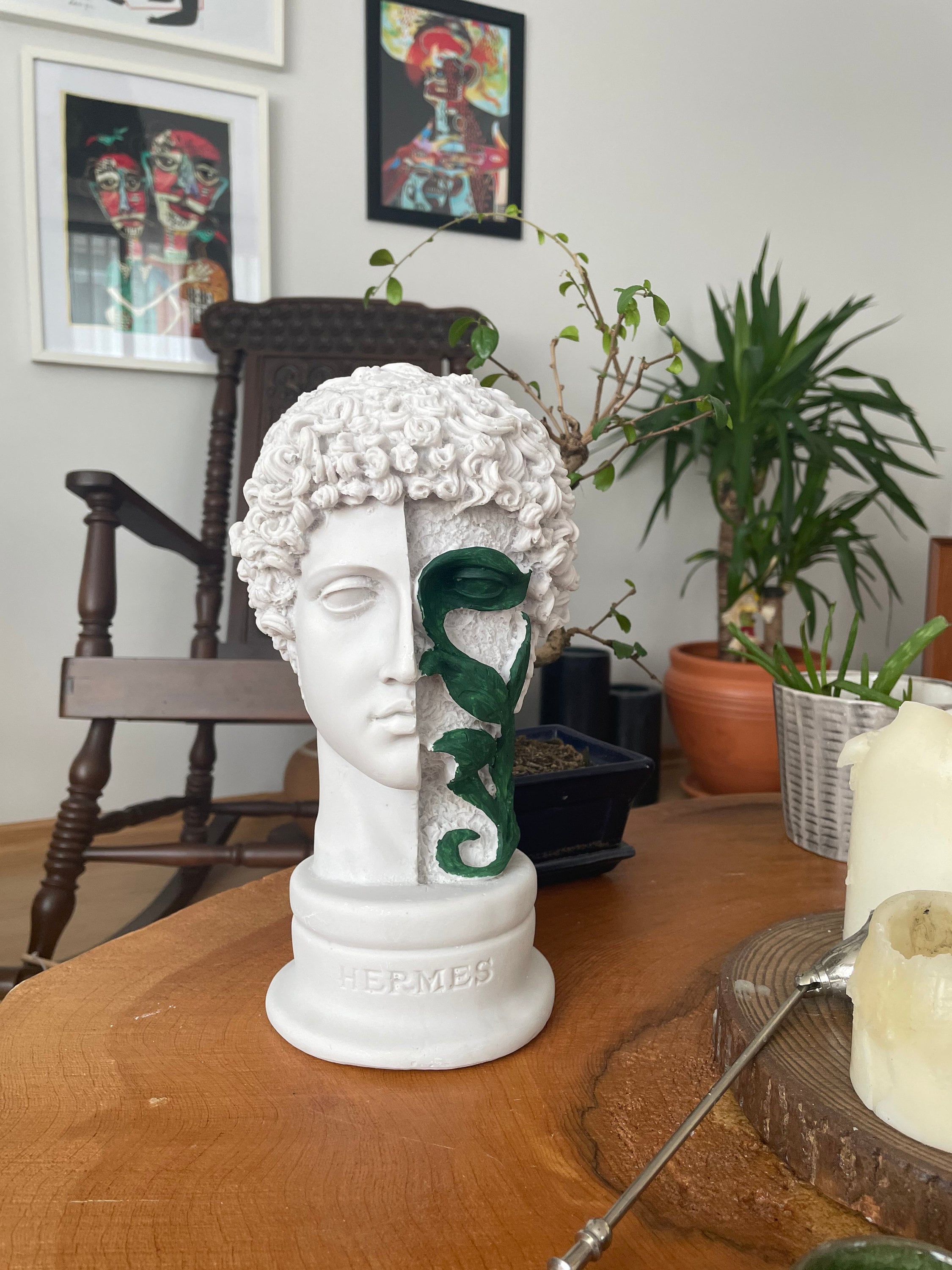 Eternal Elegance: Large Hermes Bust Sculpture with Green Ivy Design