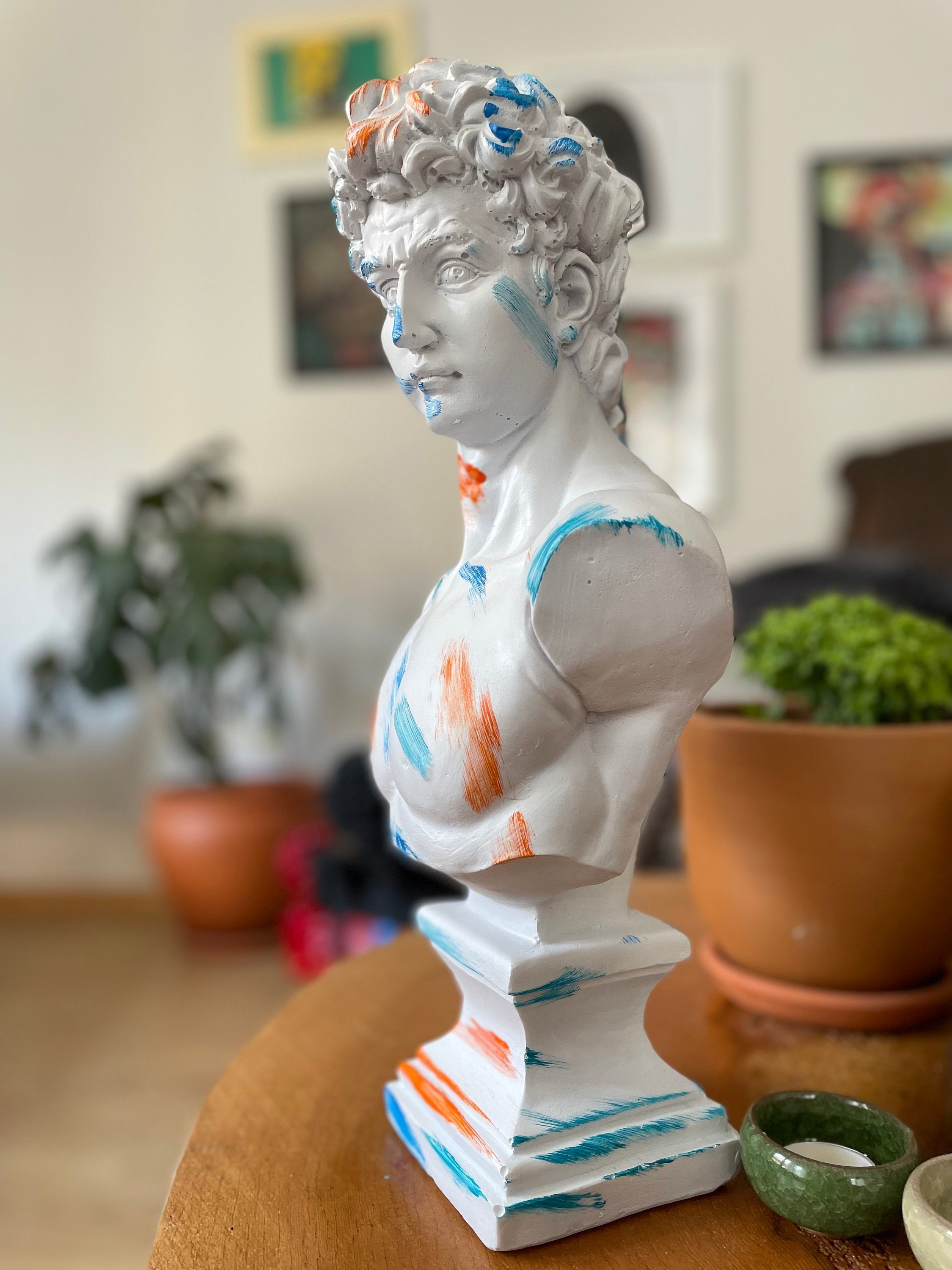 Harmonious Fusion: Large David Bust Sculpture with Colorful Accents