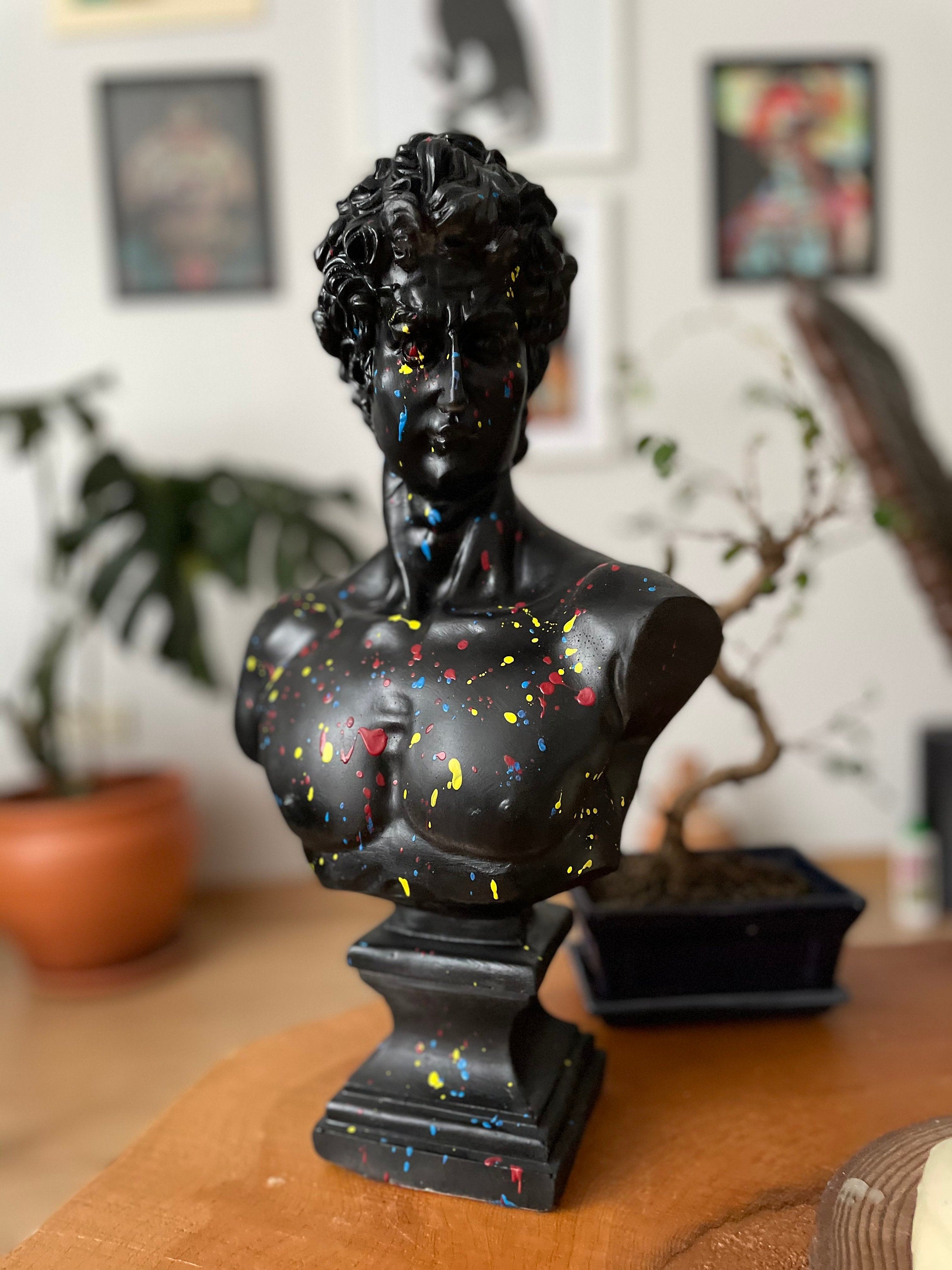 Dynamic Contrasts: Large David Bust Sculpture with Colorful Strips