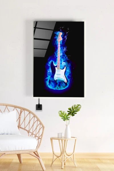 Blue Fire Electric Guitar Glass Table with LED Lighting