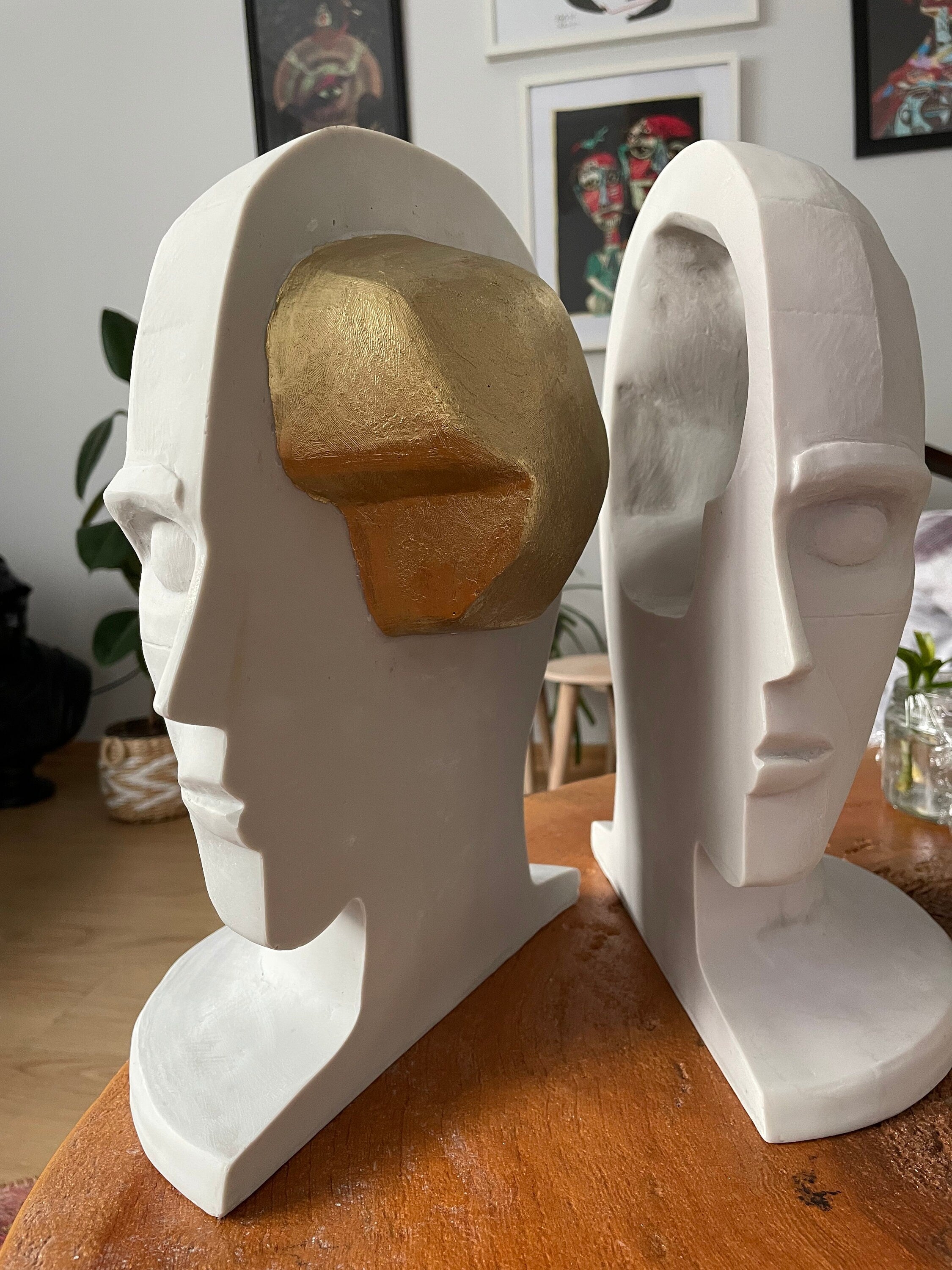 Golden Brain Sculpture Duo: Symbolizing Cognitive Harmony